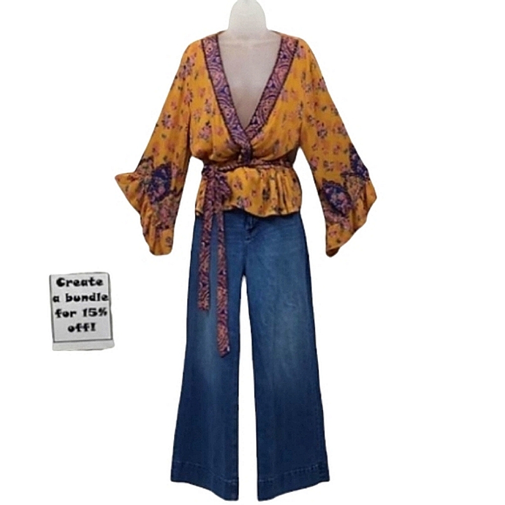 Nostalgia Wrap Pendulum Blouse Plunging V Neck Flare Bell Trumpet Sleeve Top NWT